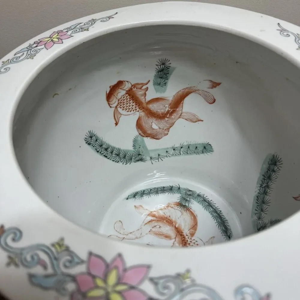 Vintage Porcelain Asian Fish Bowl Planter Pot Koi Chinoiserie 12x10 Blue Floral